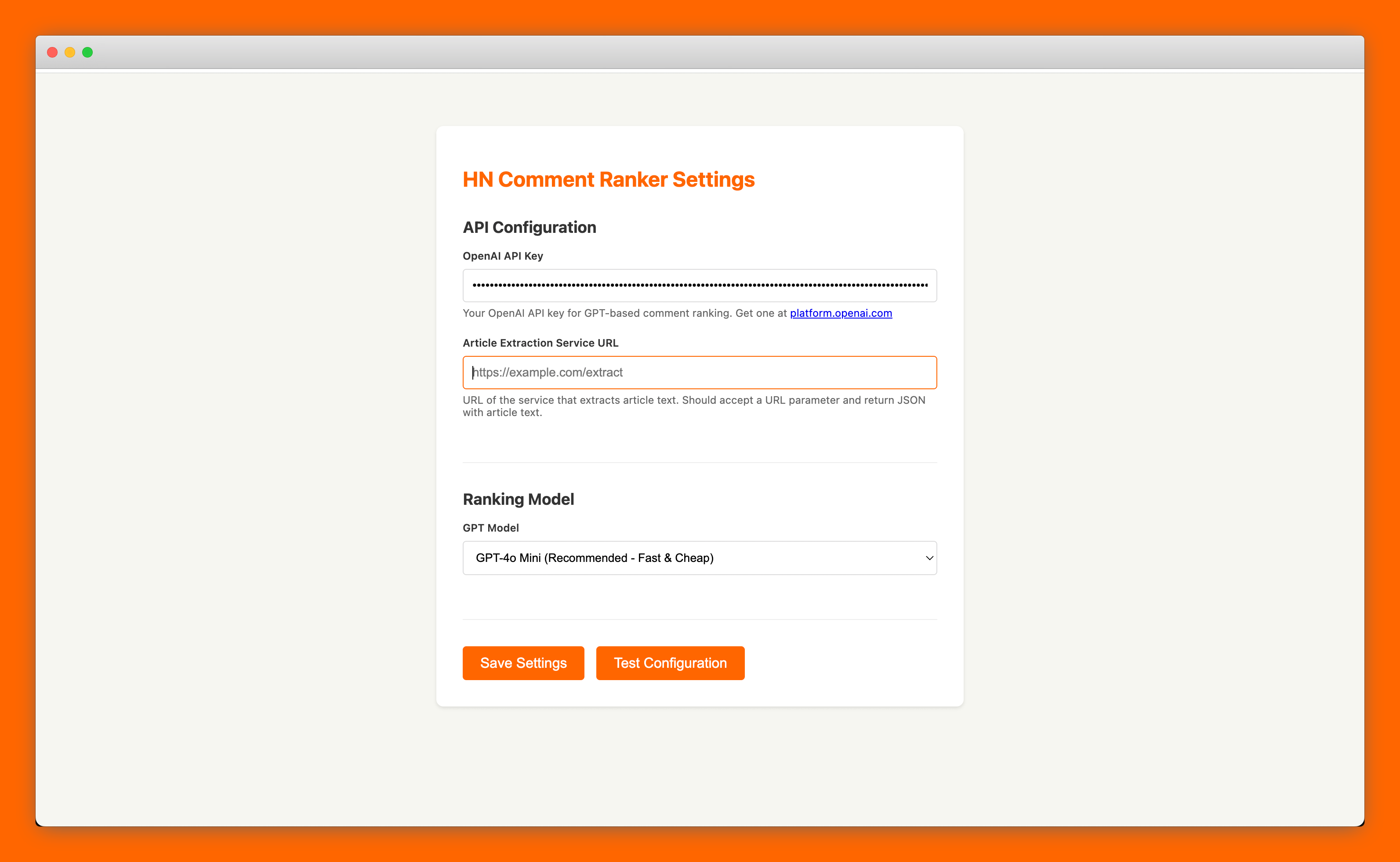 HackerNews plugin settings page