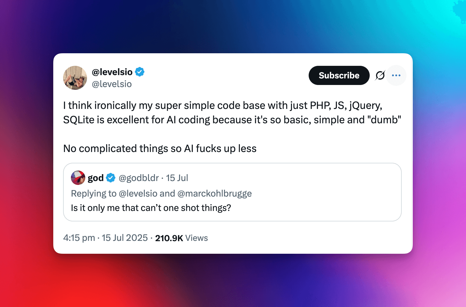 Levels.io tweet about simple tech stacks